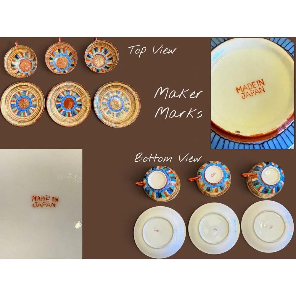 Antique Japanese 1000 Faces Porcelain Tea Cups & Saucers-Set of 3-Art Deco-Asian